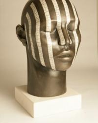 Male raku fired ceramic tribal head, height 43 cm