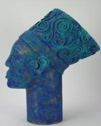 Female ceramic head with layered blue glazes