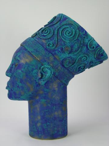 Female ceramic head with layered blue glazes